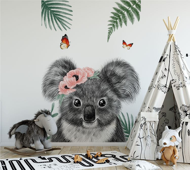 Papier peint panoramique koala papillons illustré, dans une chambre d'enfant