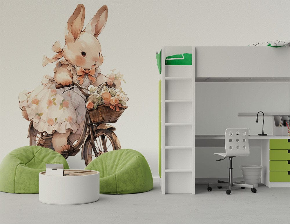 Papier peint panoramique lapin à vélo illustré, dans une chambre de bébé