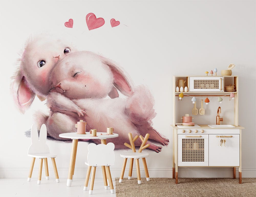 Papier peint panoramique lapin amoureux 2 illustré, dans une chambre d'enfant