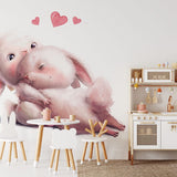 Papier peint panoramique lapin amoureux 2 illustré, dans une chambre d'enfant