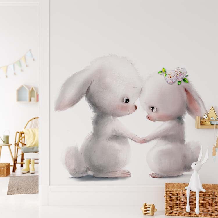 Papier peint panoramique lapin amoureux illustré, dans une chambre d'enfant