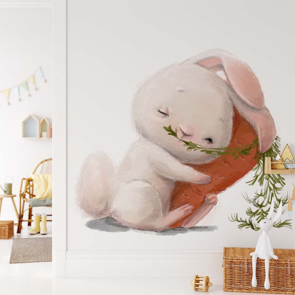 Papier peint panoramique lapin câlin illustré, dans une chambre d'enfant