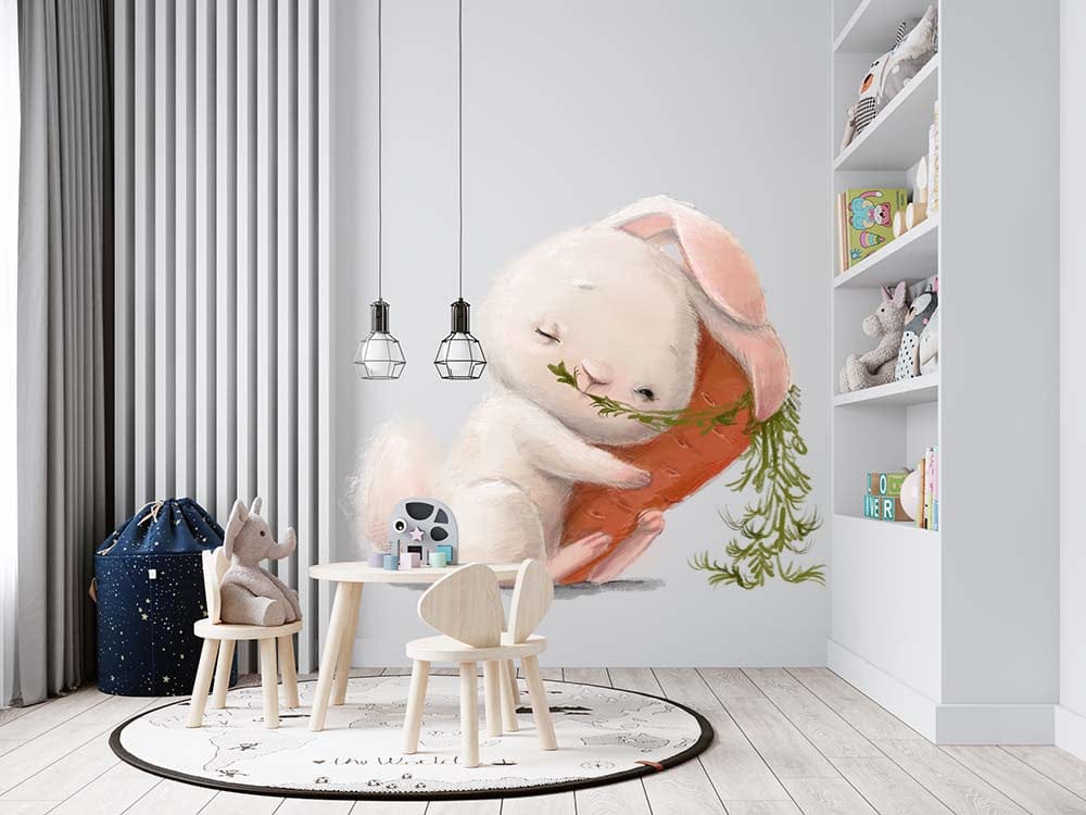 Troisième vue du papier peint lapin câlin dans une chambre d'enfant
