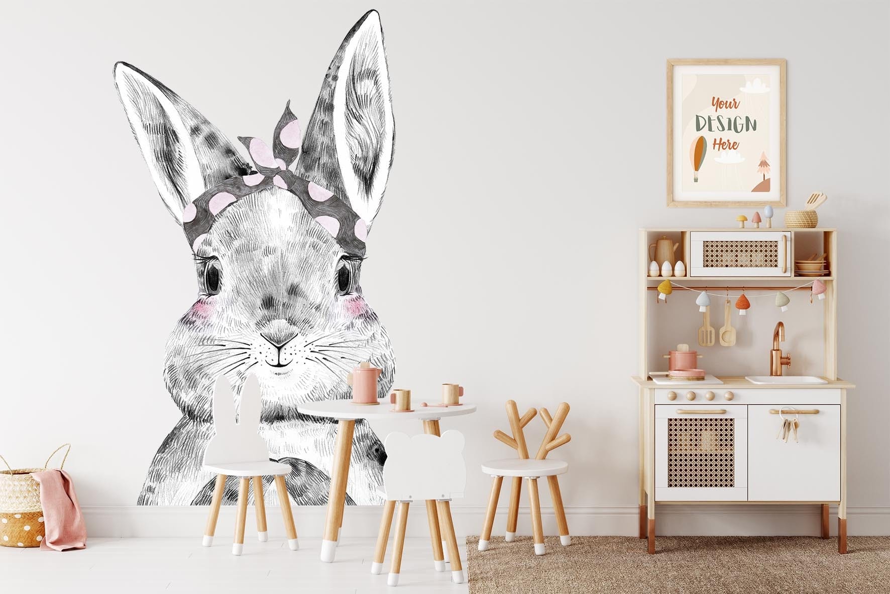 Papier peint panoramique lapin chic illustré, dans une chambre d'enfant