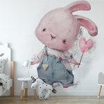 Papier peint panoramique lapin coeur illustré, dans une chambre d'enfant