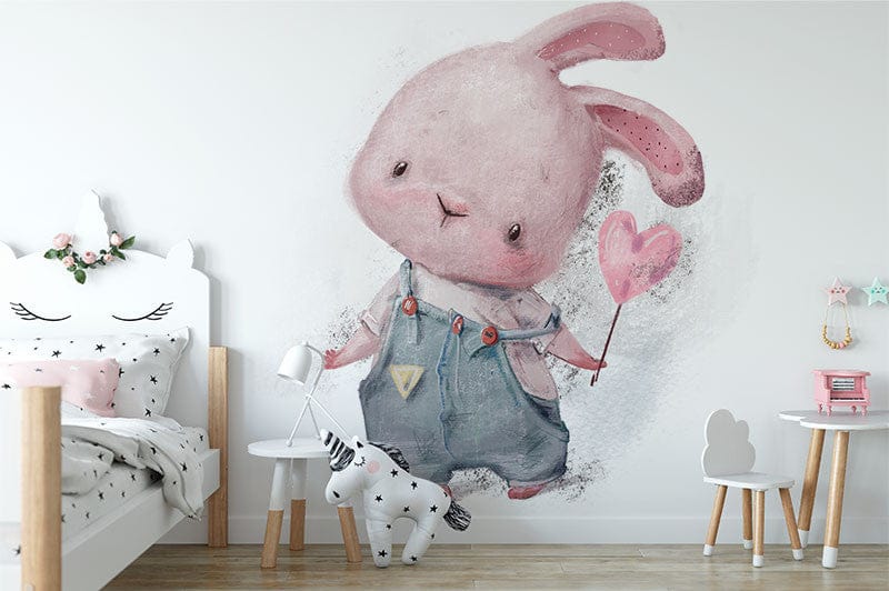 Papier peint panoramique lapin coeur illustré, dans une chambre d'enfant