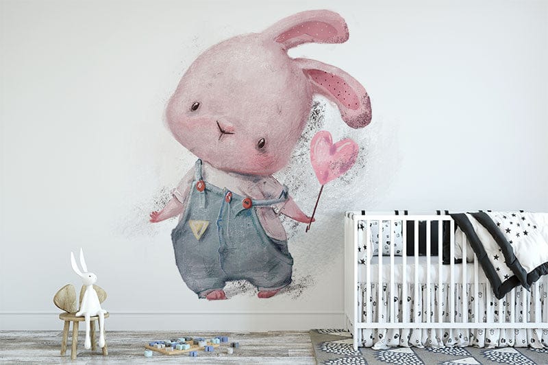 Deuxième vue du papier peint lapin coeur dans une chambre d'enfant