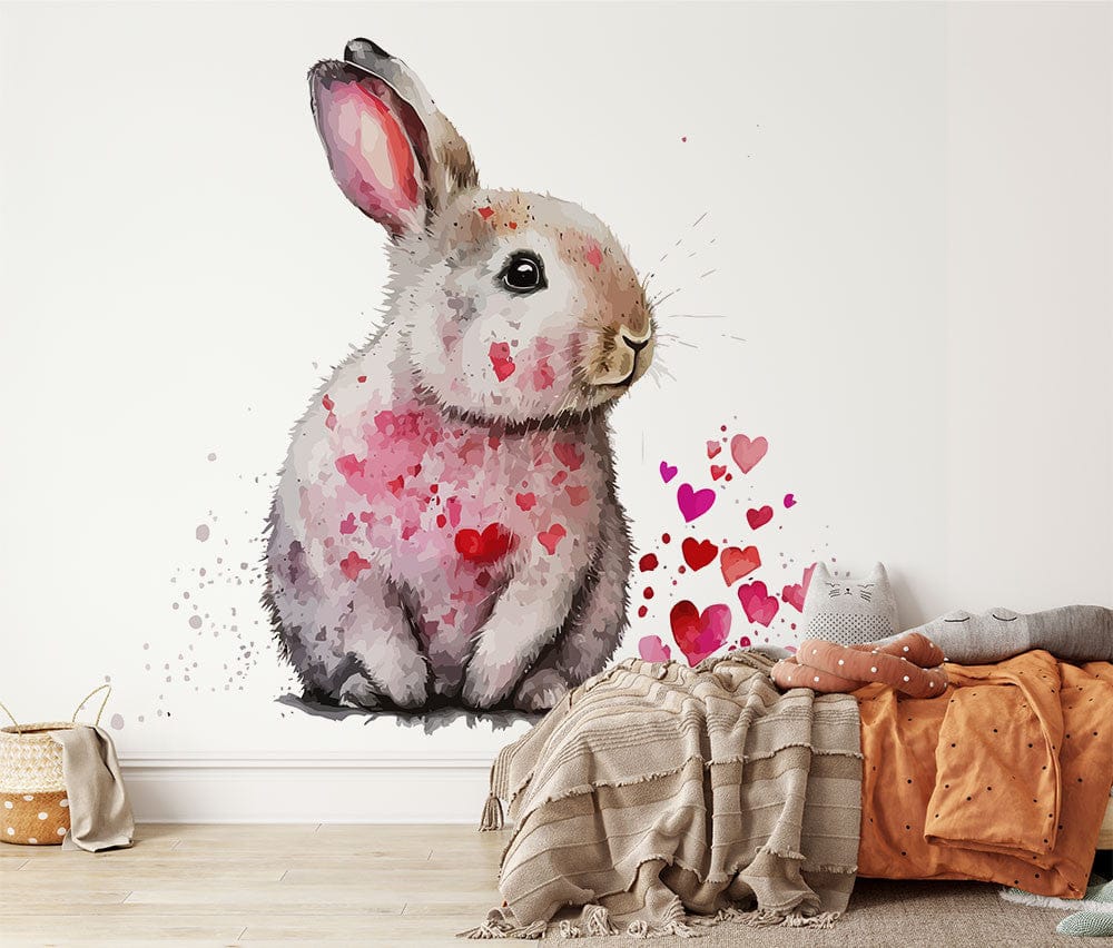 Papier peint panoramique lapin coeurs illustré, dans une chambre d'enfant