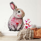 Papier peint panoramique lapin coeurs illustré, dans une chambre d'enfant
