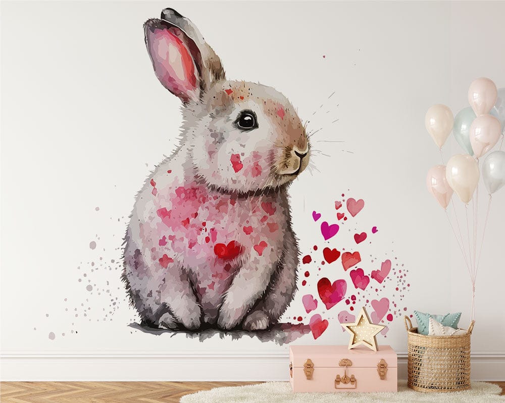 Deuxième vue du papier peint lapin coeurs dans une chambre d'enfant