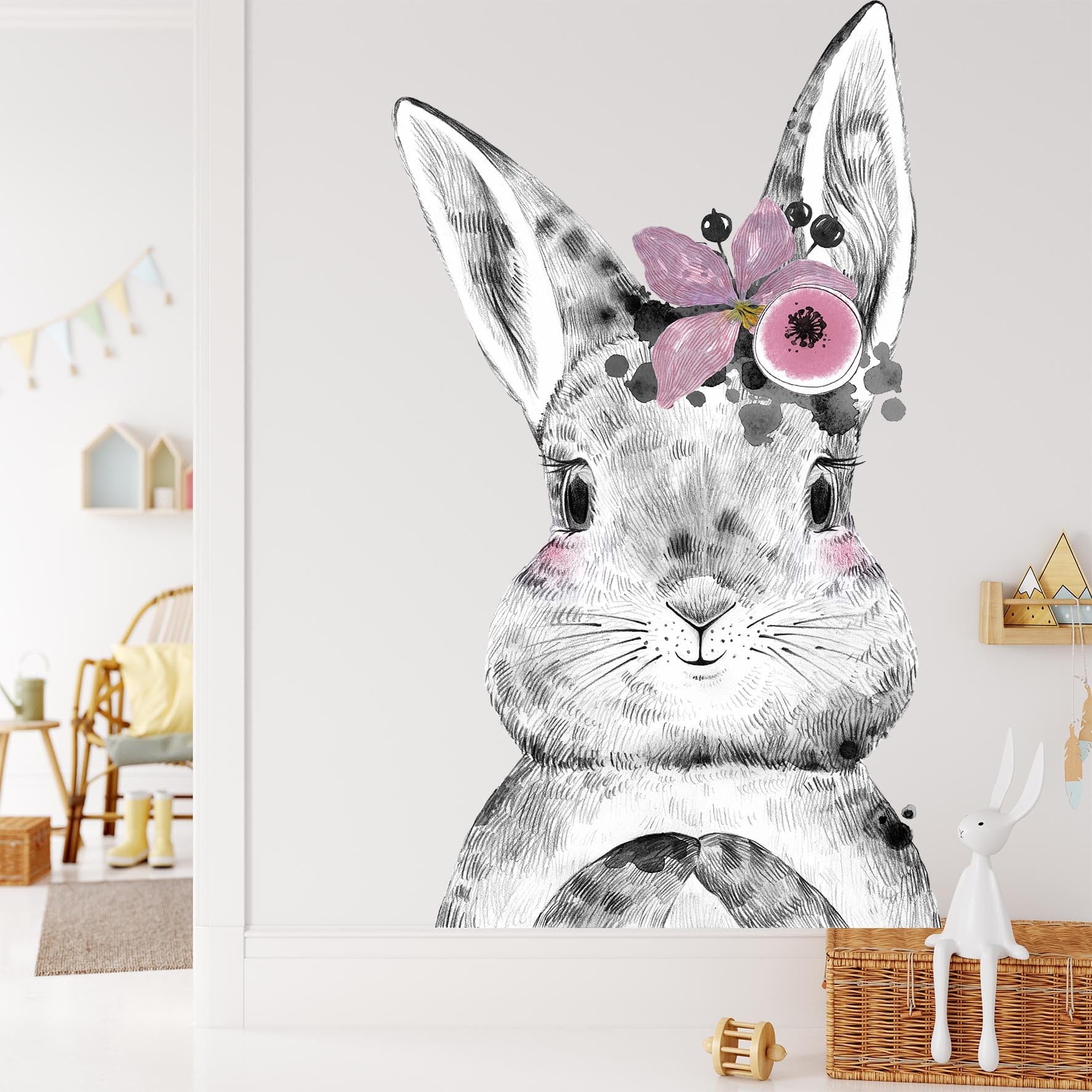Papier peint panoramique lapin coquette illustré, dans une chambre d'enfant