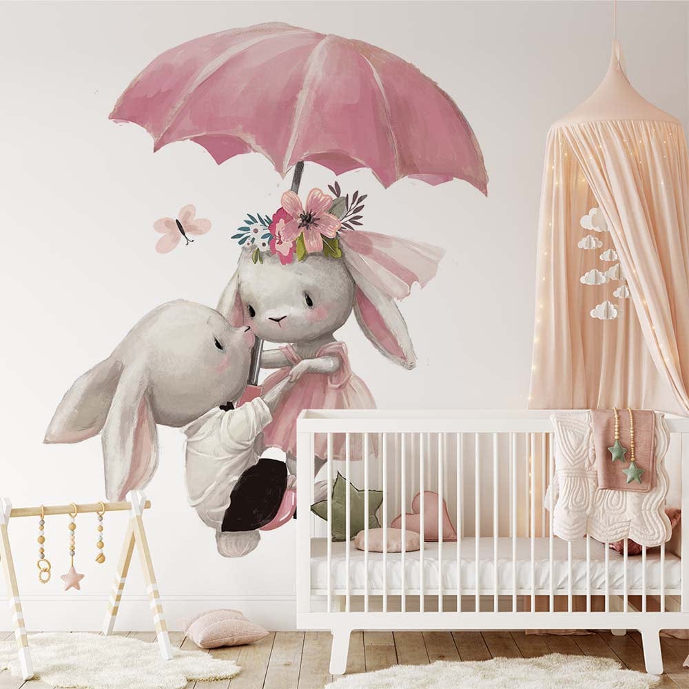 Papier peint panoramique lapin dans les airs illustré, dans une chambre d'enfant