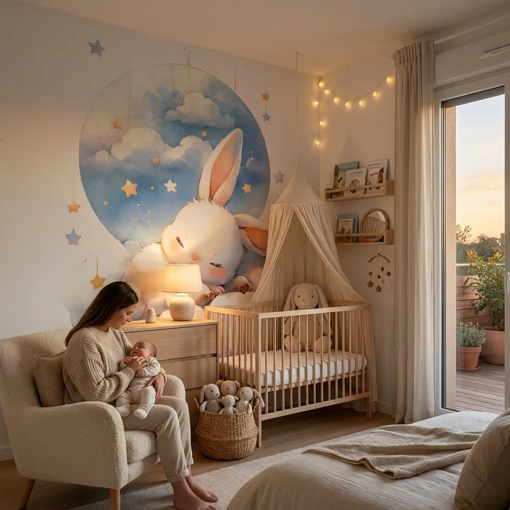 Papier peint panoramique lapin dans les nuages illustré, dans une chambre de bébé