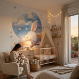 Papier peint panoramique lapin dans les nuages illustré, dans une chambre de bébé