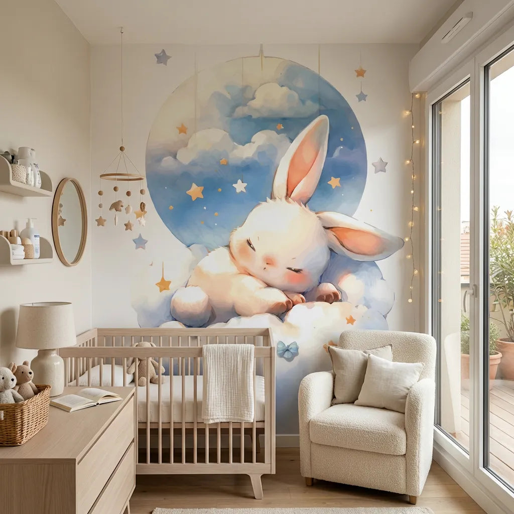 Deuxième vue du papier peint lapin dans les nuages dans une chambre de bébé