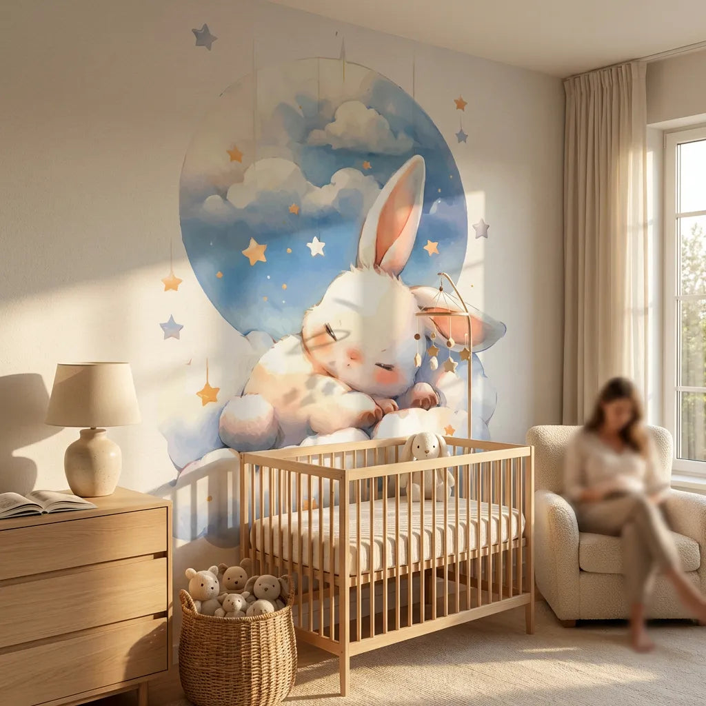 Troisième vue du papier peint lapin dans les nuages dans une chambre de bébé