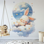 Cinquième vue du papier peint lapin dans les nuages dans une chambre de bébé