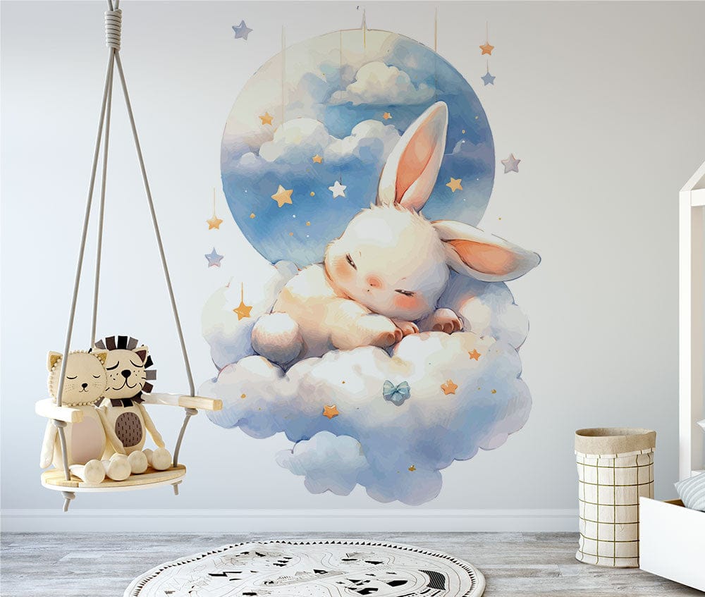 Cinquième vue du papier peint lapin dans les nuages dans une chambre de bébé