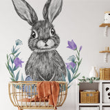 Papier peint panoramique lapin fleurs illustré, dans une chambre d'enfant