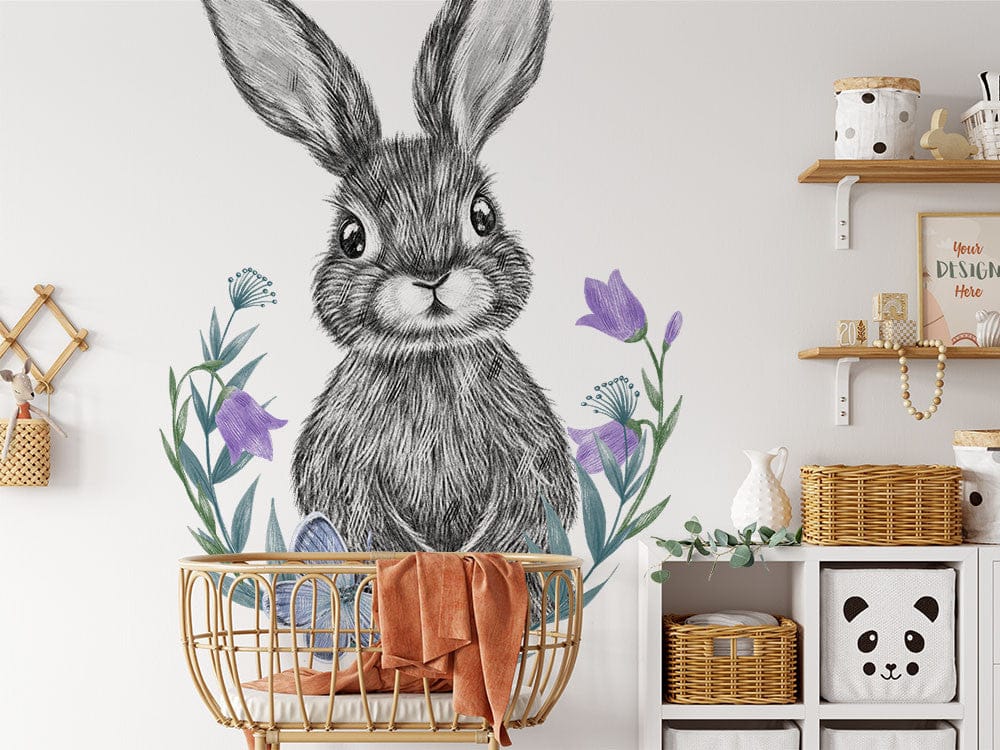 Papier peint panoramique lapin fleurs illustré, dans une chambre d'enfant