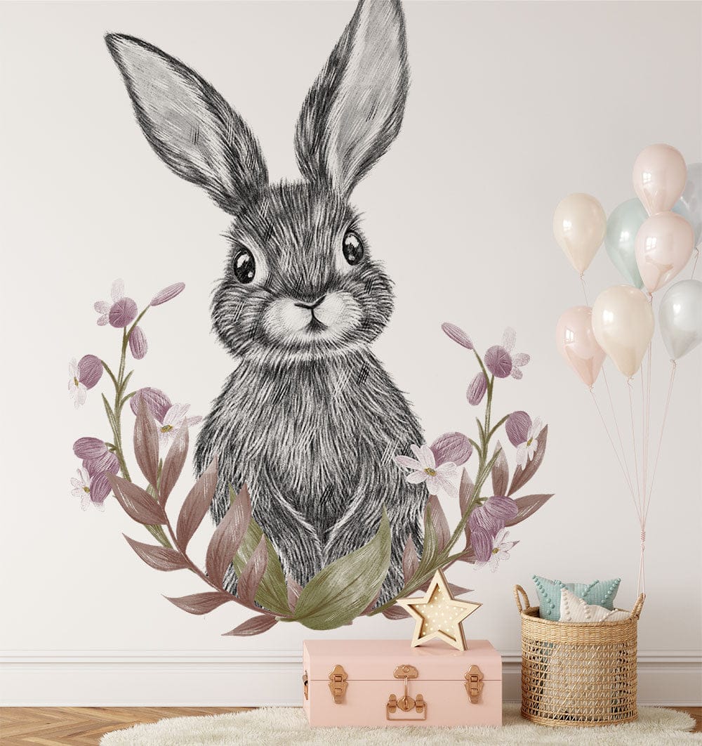 Deuxième vue du papier peint lapin fleurs dans une chambre d'enfant