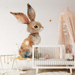 Papier peint panoramique lapin grandes oreilles illustré, dans une chambre d'enfant