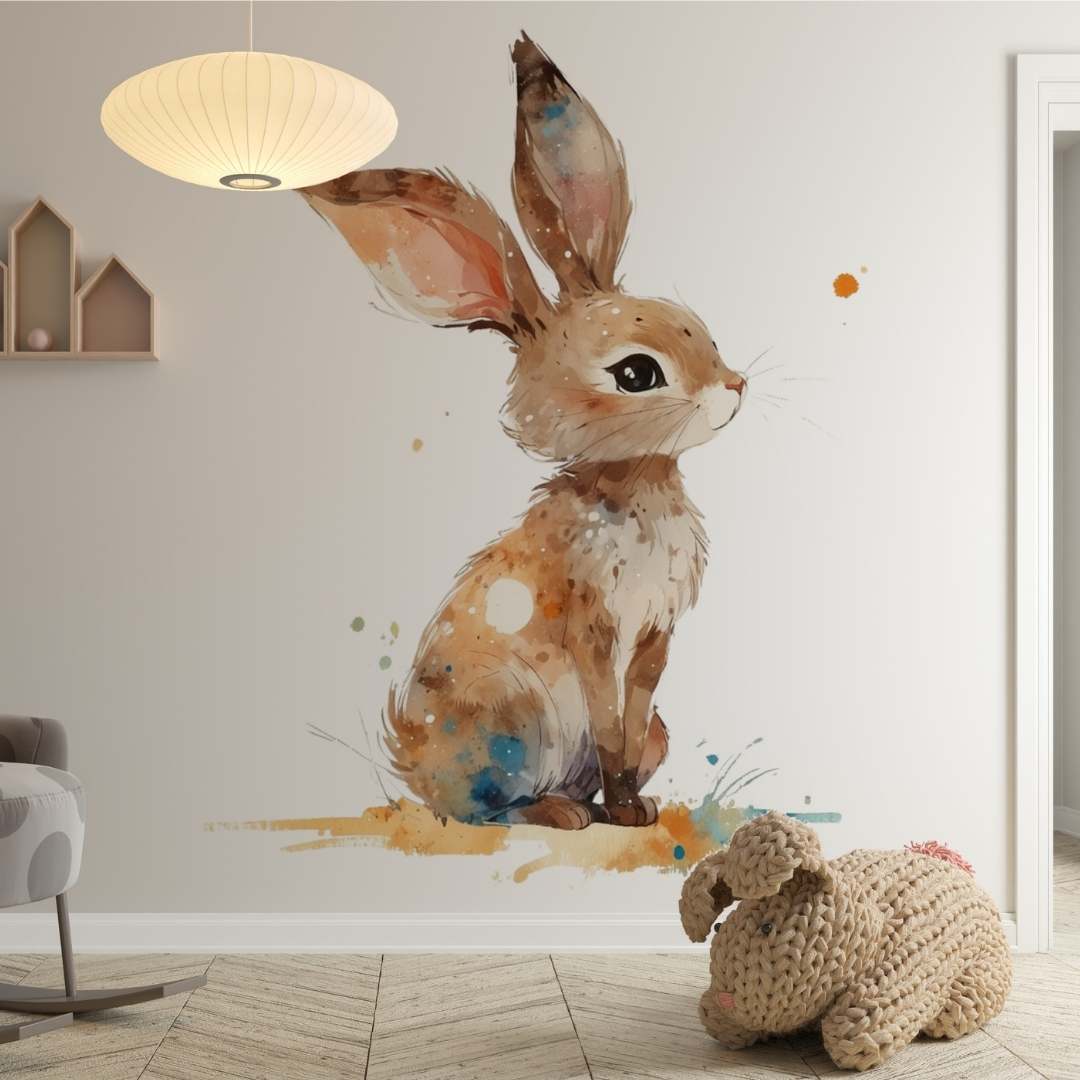 Deuxième vue du papier peint lapin grandes oreilles dans une chambre d'enfant