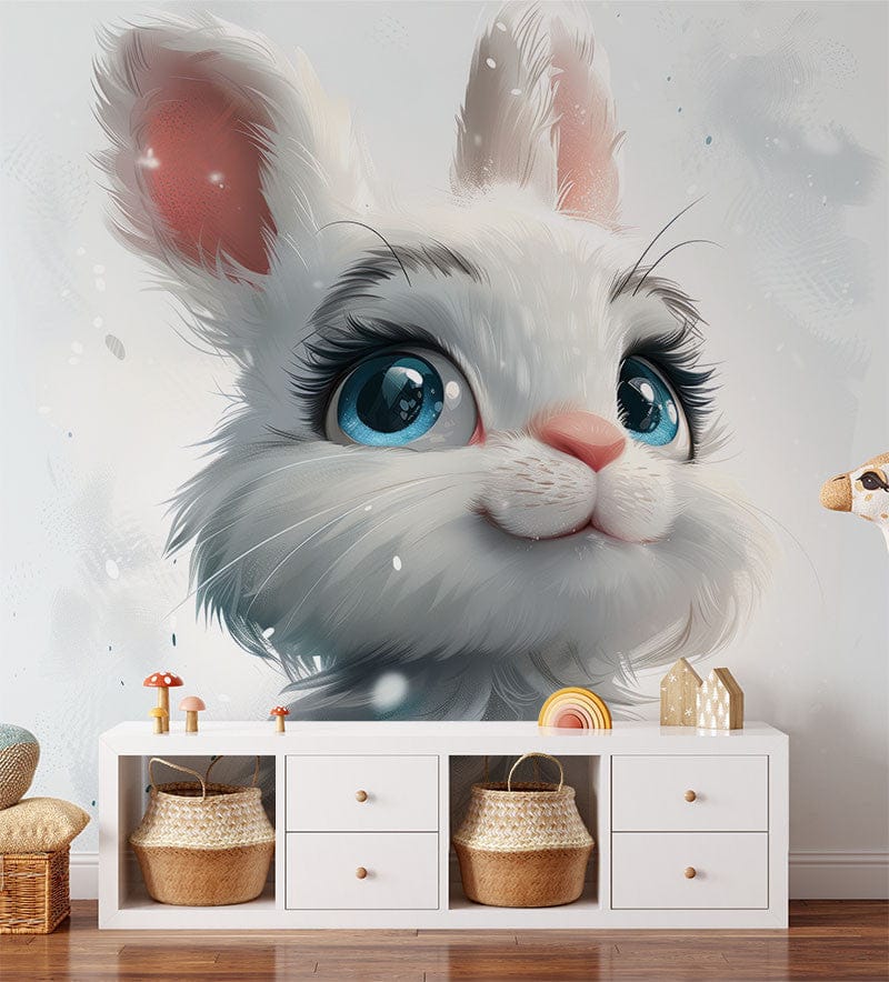 Deuxième vue du papier peint lapin joli dans une chambre d'enfant