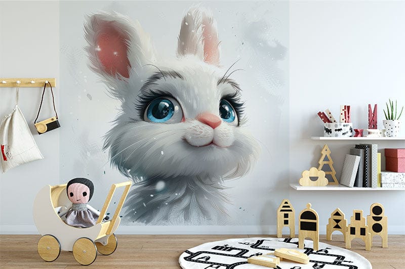 Troisième vue du papier peint lapin joli dans une chambre d'enfant