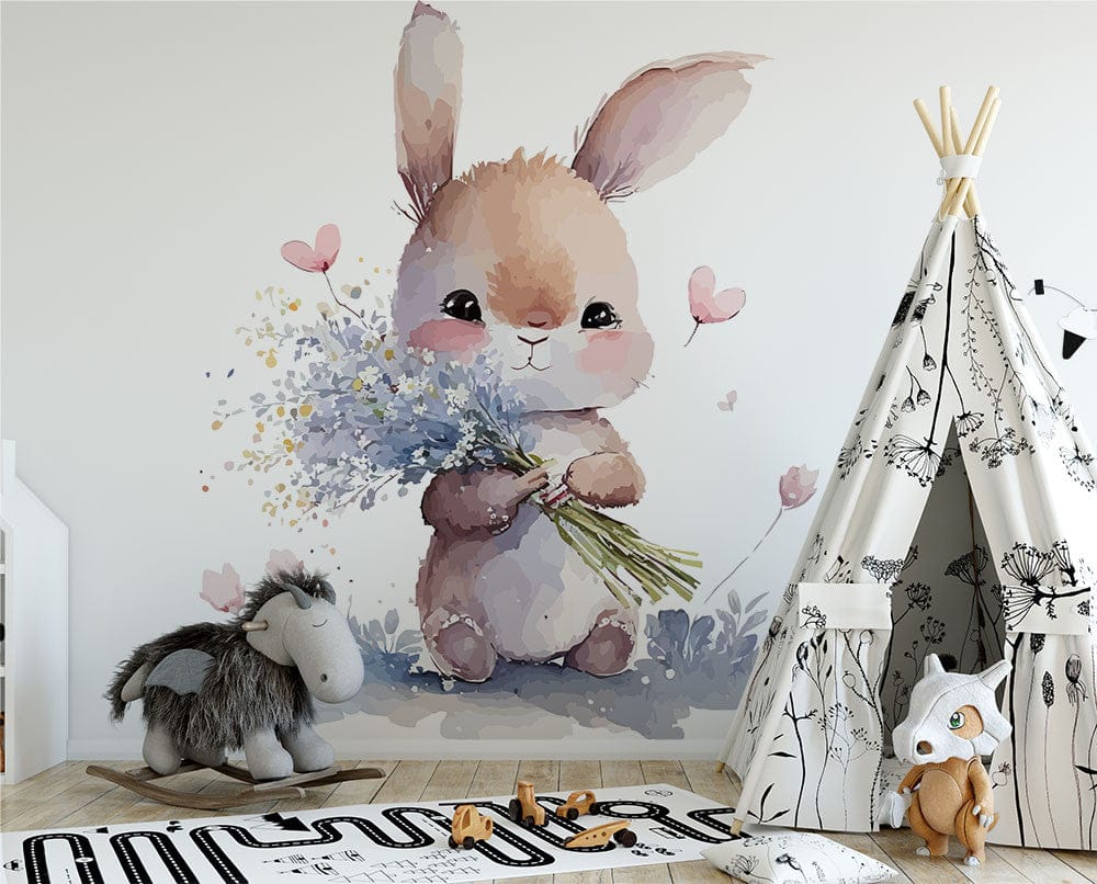 Papier peint panoramique lapin love illustré, dans une chambre de bébé