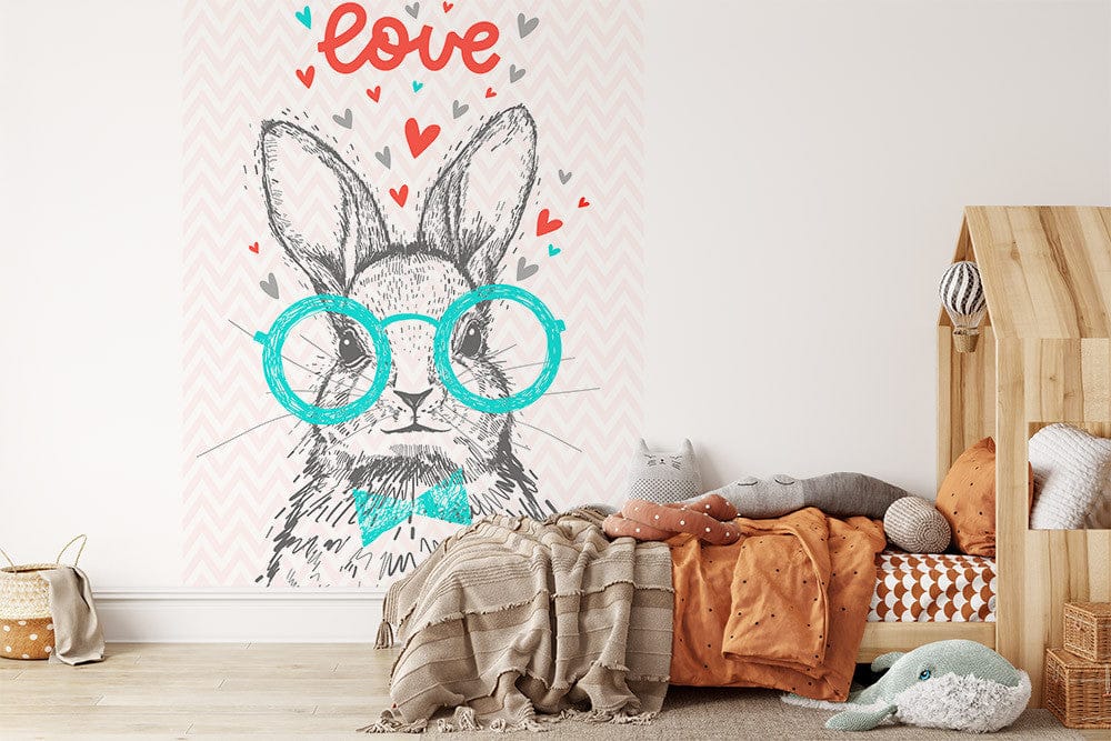 Papier peint panoramique lapin love illustré, dans une chambre d'enfant