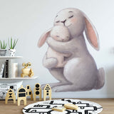 Papier peint panoramique lapin maman câlin illustré, dans une chambre de bébé