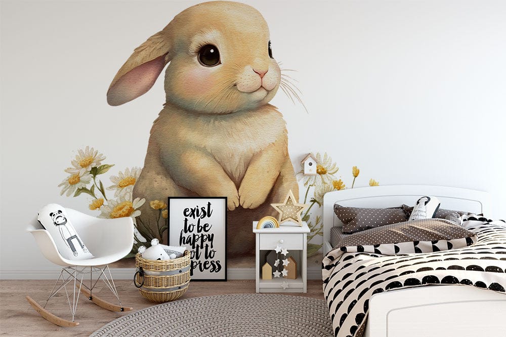 Papier peint panoramique lapin mignon illustré, dans une chambre d'enfant