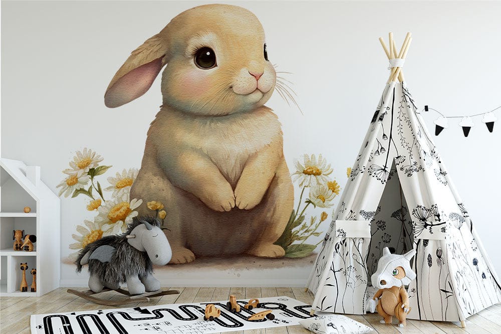 Deuxième vue du papier peint lapin mignon dans une chambre d'enfant