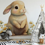 Deuxième vue du papier peint lapin mignon dans une chambre d'enfant