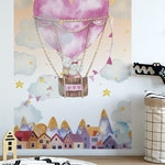 Papier peint panoramique lapin montgolfière amoureux illustré, dans une chambre d'enfant