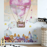 Papier peint panoramique lapin montgolfière amoureux illustré, dans une chambre d'enfant