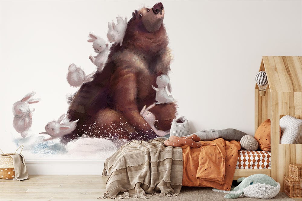 Papier peint panoramique lapin ours amis illustré, dans une chambre d'enfant