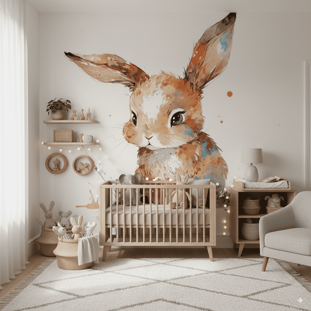 Papier peint panoramique lapin rêveur illustré, dans une chambre d'enfant