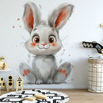 Papier peint panoramique lapin rigolo illustré, dans une chambre d'enfant