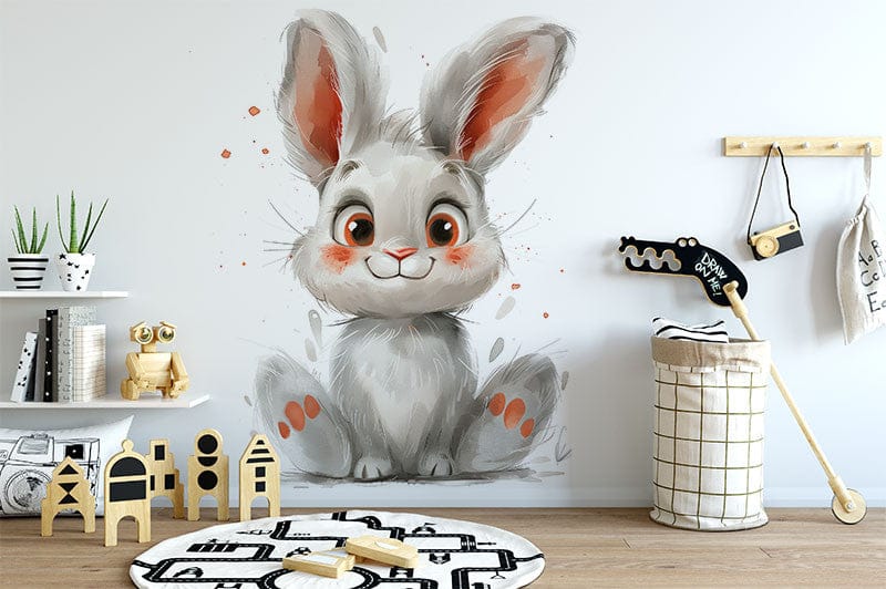 Papier peint panoramique lapin rigolo illustré, dans une chambre d'enfant