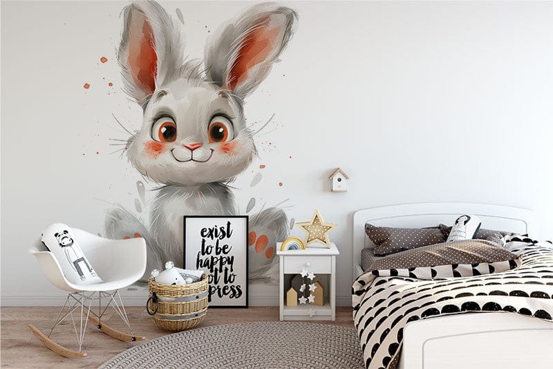 Deuxième vue du papier peint lapin rigolo dans une chambre d'enfant