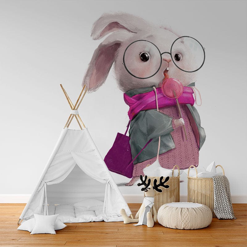 Papier peint panoramique lapin sucette illustré, dans une chambre d'enfant
