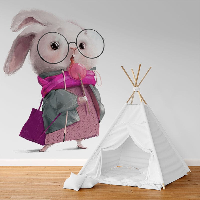 Deuxième vue du papier peint lapin sucette dans une chambre d'enfant
