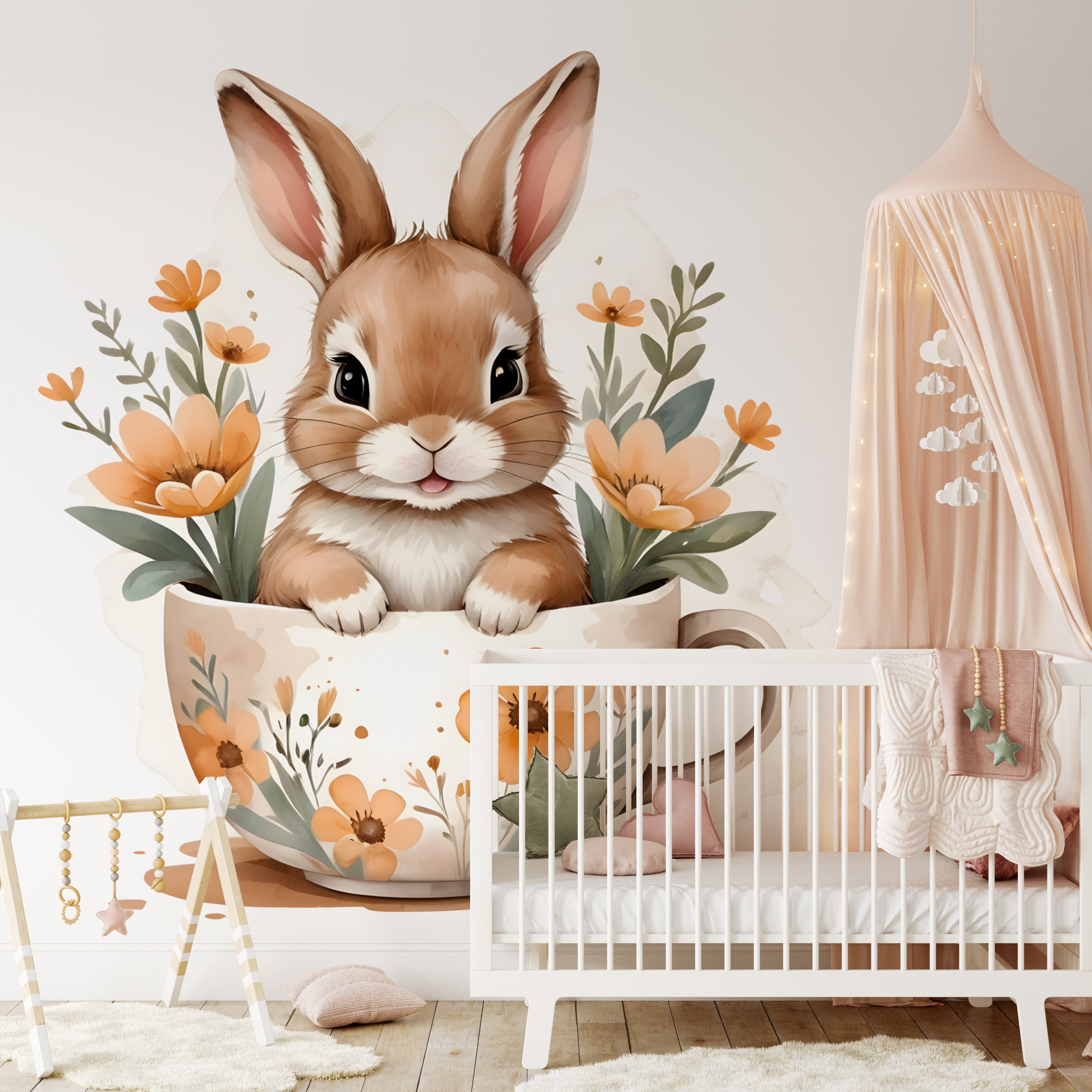 Papier peint panoramique lapin tasse illustré, dans une chambre d'enfant