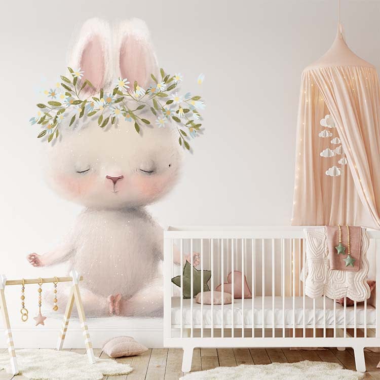 Papier peint panoramique lapin yoga illustré, dans une chambre d'enfant