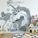 Papier peint panoramique licorne baiser illustré, dans une chambre de fille