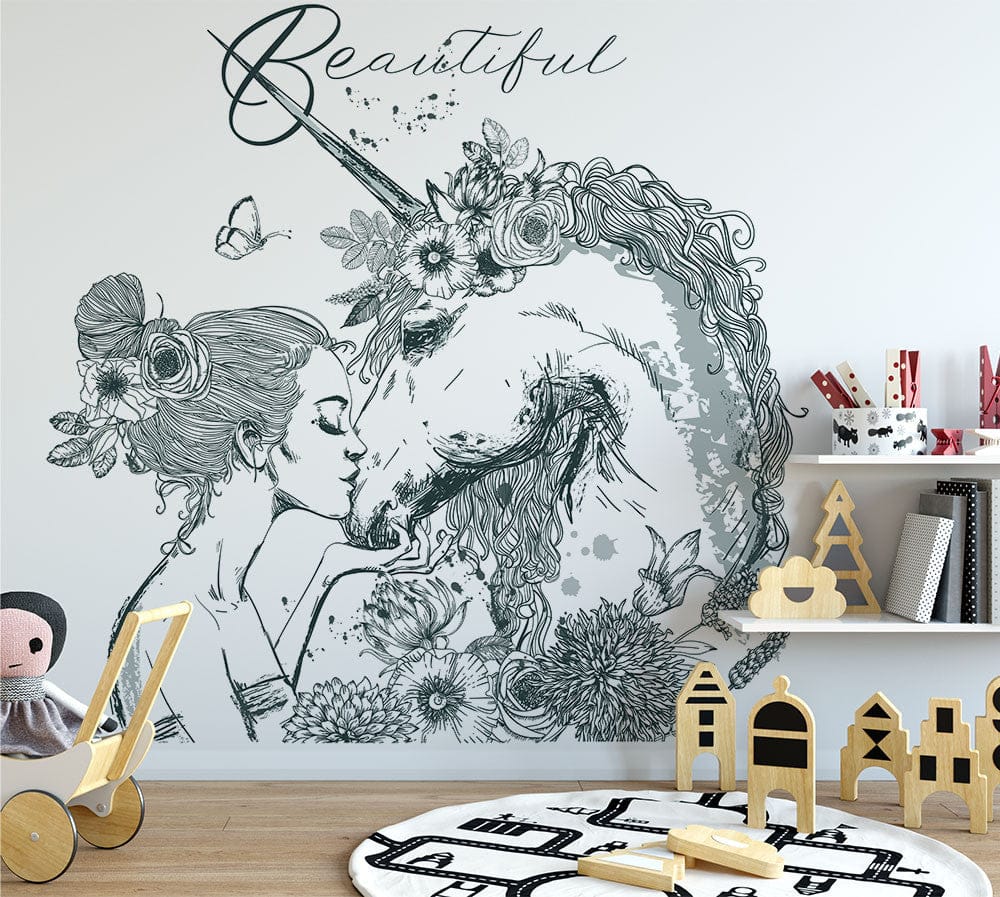 Papier peint panoramique licorne baiser illustré, dans une chambre de fille