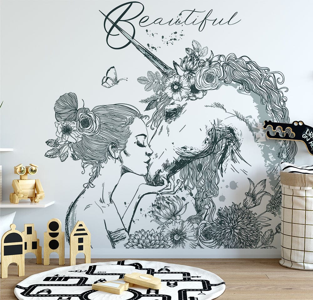 Deuxième vue du papier peint licorne baiser dans une chambre de fille