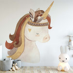 Papier peint panoramique licorne illustré, dans une chambre de fille